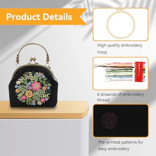 Schwarz Leinentasche Stickerei Starter Kit, Stickpackung Aus Segeltuch, Stickset Tragetasche, Canvas Tragetasche Damen, Unfertige Handgefertigte DIY-Geldbörse Mit Kussschloss Und Crossbody-Kette
