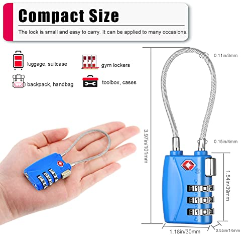 Image of ZHEGE TSA Cable Luggage Lock 3 Digit Combination Padlock with Alloy Body for Suitcase, Baggage, Backpack, Pistol Case (2 Pack, Blue)