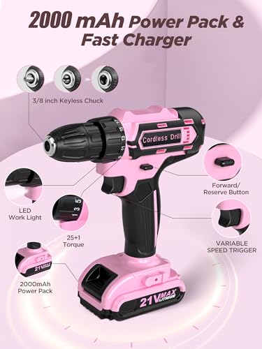 Pink Cordless Drill Set 142 Pcs, 21V Pink Power Drill Tool Set Kit with Storage Bag, Electric Drill Set for Women, Precision Screwdriver set, Magnetic Wristband, for Home DIY Projects