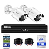 SANSCO 5MP 4 Channel Wired CCTV Security Camera System, 4CH DVR with 1TB Hard Drive, 2x 3K Home Outdoor Surveillance Cameras, Color Night Vision, Audio Recording, Human Face Vehicle Detection, P2P