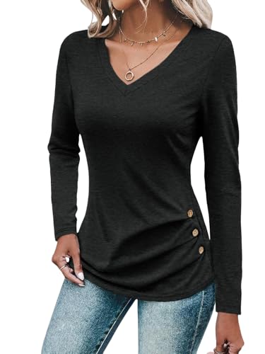 Womens V Neck Long Sleeve T Shirts Ruched Tops Casual Loose Fit Tees Fall Fashion Outfits 2025