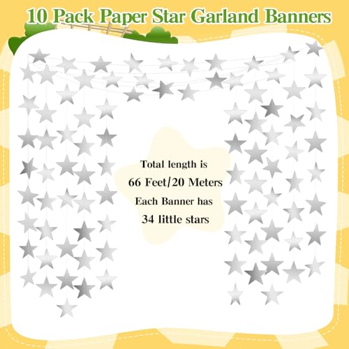 Image of Star Garland, Silver Star Garland Banner, 10PCS 132 Feet Double Side Star Hanging Bunting Banner Backdrop Little Star Paper Hanging Decor for Birthday Wedding Christmas Graduation Party Decorations
