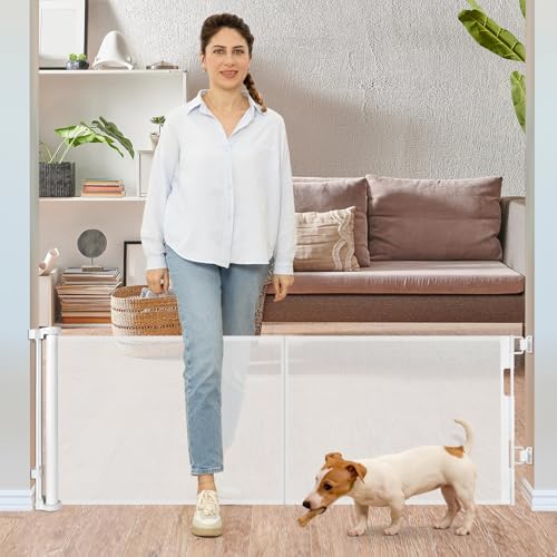 Image of 24 Inches Tall Retractable Dog Gate for The House, Short Baby Gates to Step Over, Extends up to 55" Wide, Reinforced Mesh Puppy Gate for Doorways, Step Over Pet Gate for Stairs, Indoor/Outdoor (White)