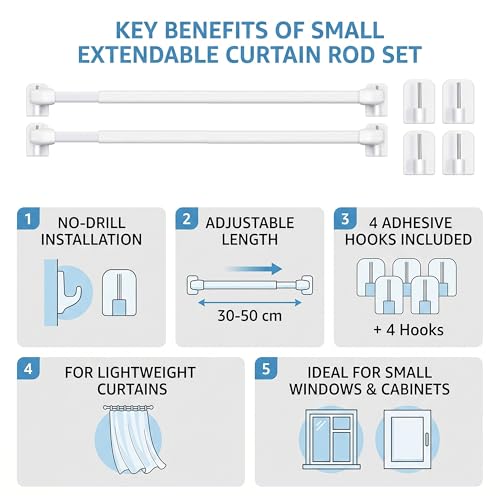 BANJILI 2 Stück Scheibengardinenstange für Fenster Küche DIY-Projekte Ausziehbar Vitragestangen mit Selbstklebehaken