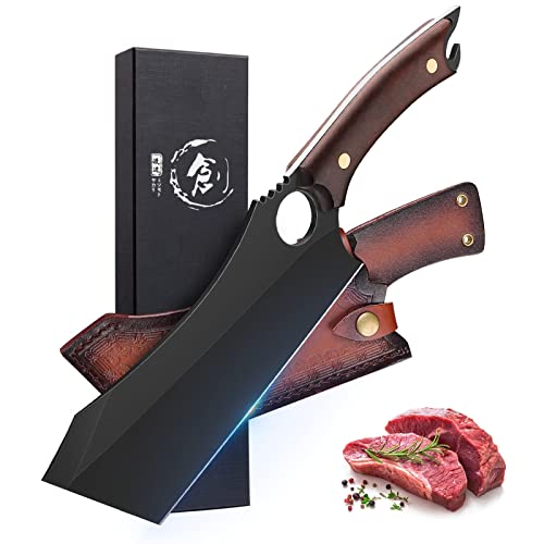 Meat Cleaver, 10 Inch Black Meat Cleaver Boning Knife, Chef Chopping Butcher Cooking Knife, High Carbon Steel Sharp Kitchen Viking Knife With Sheath Gift Box Bottle Opener For Outdoor Bbq Camping #TOP1