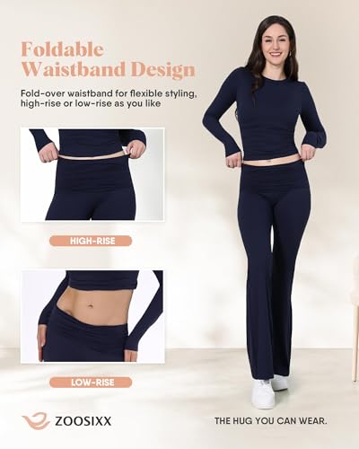 Image of ZOOSIXX Lounge Sets for Women - 2 Piece Outfits Crop Tops with Fold Over Flare Leggings Fall Loungewear Fitted Pajama