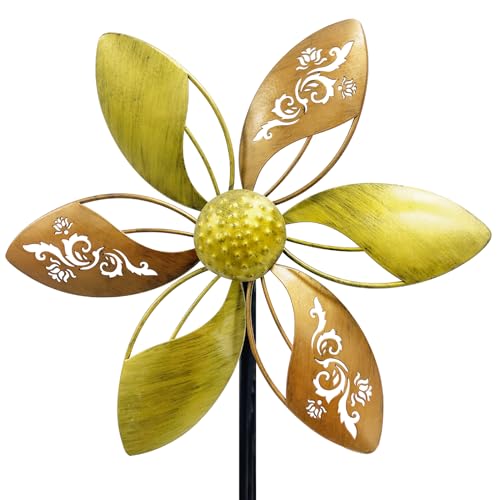 Gronhof Wind Spinners Outdoor Metal, 10.63" W*37" H Pinwheels for Yard and Garden Decor, Kinetic Wind Sculpture Spinner (Gold Ornate Laser-Cut Floral)