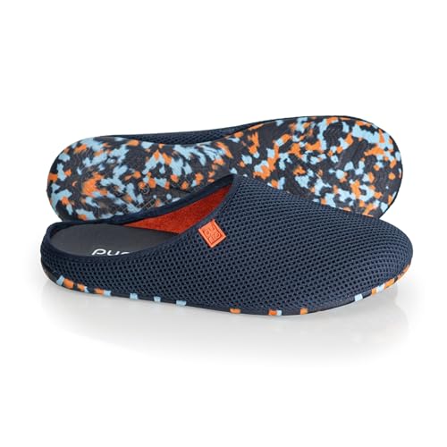 Purosteps Hausschuhe Model  Casa-Signet *Aus Recycelten PET-Flaschen in spanischer Manufaktur hergestellt* Nachhaltige & Vegane premium Pantoffel für Damen & Herren  Dunkel Blau-Orange/Größe  45