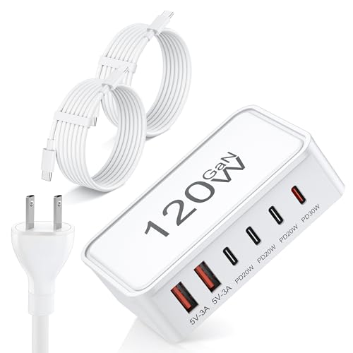 USB C Charger Block, 120W GaN 6-Port Charging Station, 30W Fixed PD Port Type C Charger Fast Charging for iPhone 17/16/15/14, iPad, Galaxy, Pixel, Power Adapter Hub for Travel Home Office