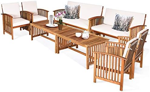Tangkula Outdoor 8 Pcs Acacia Wood Sofa Set w/Water Resistant Cushions, Padded Patio Seating Chat Set w/Coffee Table for Garden, Backyard, Poolside (2, White)