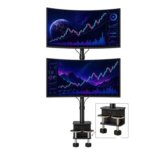 Image of BIJASANI Vertical Dual Monitor Stand | Stacked One Above Other | Large Dual C-Clamp | 810mm Single-Pole | 10 KG Per Arm | 10-32 inch | Tilt Swivel Rotation | 3 Year Warranty | WFH Trading Gaming