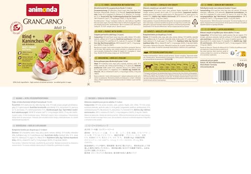 animonda GranCarno Hunde Nassfutter mit Rind + Kaninchen mit Kräutern (6 x 800 g), getreidefreies Hundenassfutter ohne Zucker, für ausgewachsene Hunde, mit fleischigen Zutaten