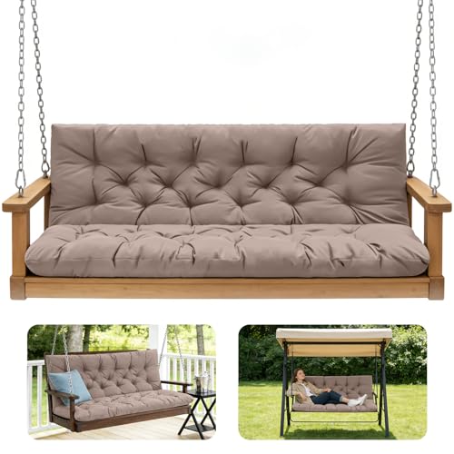 GPQAWER Outdoor Swing Cushions,Waterproof Swing Cushions 3 Seater Replacement with Backrest,Outdoor Thickened Bench Cushion with Ties for Porch,Patio,Backyard,Garden and Lawn (Khaki 60 * 40 in)