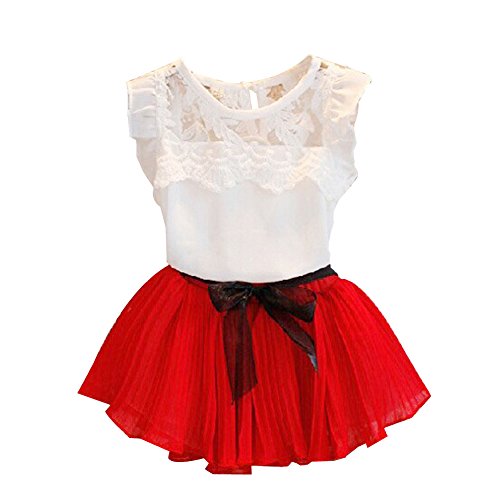 Chinatera Vestido Plegado de gasa con la Blusa sin mangas y Cinturón de encaje de niña(rojo , 90cm)