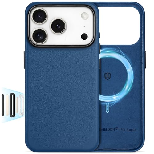 Image of SHIELDON Genuine Leather Case for iPhone 17 Pro 6.3 inch 2025, Royal Blue | Compatible with MagSafe, Magnetic Wireless Charging, Camera Button, Metal Buttons, Camera Bezel, Slim, Shockproof, Women Men