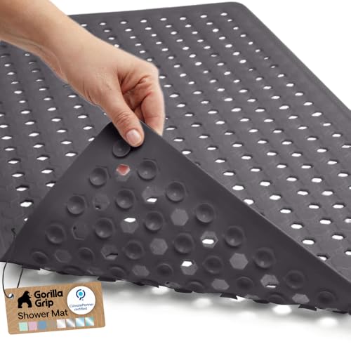 Image of GORILLA GRIP Patented Bath Tub Shower Mat, Machine Washable Bathtub Floor Liner Mats, Suction Cups and Drain Holes to Keep Tubs Clean, Soft on Feet, Bathroom Essentials, 35x16 Inch, Charcoal Opaque