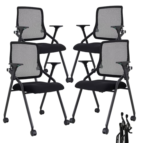 Image of Updated Conference Room Chairs, Folding Office Desk Chair with Lumbar Support and Sliding Armrest with Casters, Stackable Office Guest Chairs & Reception Chairs, 4 Pack Black
