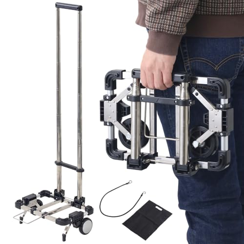 Japard Luggage Cart with 2 Wheels Foldable, Portable Travel Dolly Compact Airport, Loadable up to 55 lbs, Small Folding Carrying Cart (Silver & Black 1)