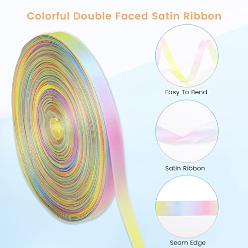 Molshine 50yd x 3/8 inch Colorful Double Face Satin Ribbon for Handcraft DIY Clothing Holiday Decoration Wedding- Rainbow Seven Color (3/8" (9mm), Light Rainbow)
