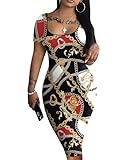 Nimsruc Womens Summer Casual Sexy Short Sleeve Bodycon Dress Basic Pencil Midi Club Dresses Black Chain XL
