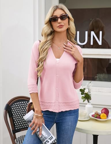 GRACE KARIN Shrugs for Women Lightweight 3/4 Sleeve Dressy Cardigan Sweaters Womens Summer Button Down Sweater(Pink,Medium) — view 2
