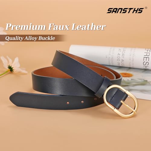 SANSTHS Women Faux Leather Chic Belts for Jeans Pants Fashion Ladies Belt Solid Color with Gold Curved Pin Buckle
