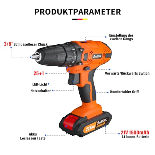 21V Akku Bohrschrauber Set mit 1 Akkus 1,5Ah, Orange Akku Bohrmaschine Set für Bohrwände, Holz, Metall, Akkubohrer 45Nm 25+1 Drehmomentstufen, LED und Koffer, 2-Gang, 29 Stück Zubehör – Bild 4