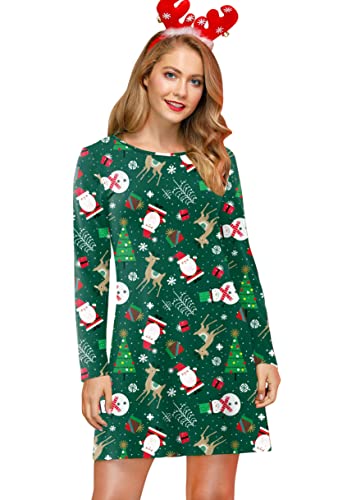 For G and PL Damen Weihnachten Vintage Langarmkleid Elegant Party Xmas Weihnachtskleid Weihnachtsbaum Grün M