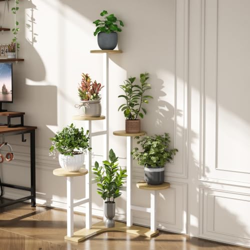Image of Yzosvki Corner Plant Stand Indoor 6 Tiered Corner Plant Shelf | Flower Stand for Multiple Plants, Plant Shelves Organizer Rack for Living Room, Balcony, Patio, Garden, White Oak