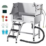 VEVOR Professional Dog Washing Station, 34 Inch Stainless Steel Pet Grooming Tub with Hot Cold Faucet, Adjustable Showerhead, Non-Slip Stairs & Side Sink, for Small to Medium Dogs and Cats (Left Door)