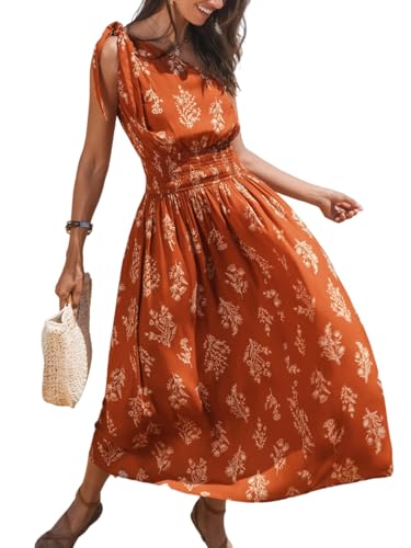 Image of CUPSHE Women's Summer Maxi Dress One Shoulder Boho Floral Printed Sleeveless Smocked Waist Long Casual Dress Orange M