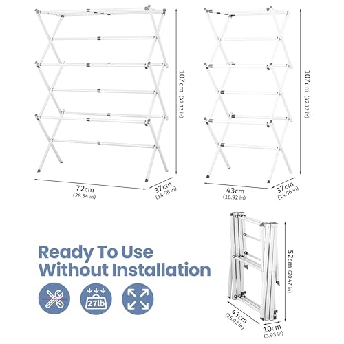 Image of JD FRESH 3 Tier Foldable Metal Clothes Drying Rack /Adjustable Wings for Indoor Outdoor Use and Dress Drying Stand /Easy to Move and Heavy Metal Laundry Organizer Stand (White)