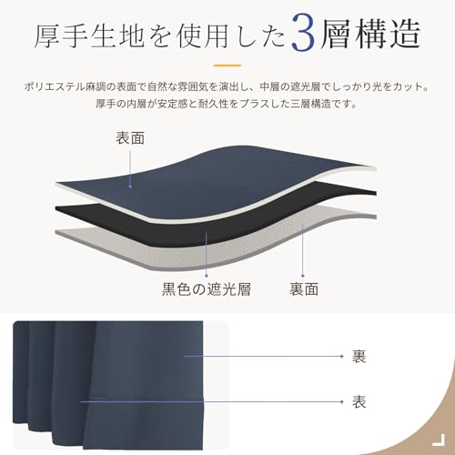 INOVADAY 遮光カーテン 2枚組 1級遮光 麻調 厚手 ドレープカーテン 形状記憶加工 断熱 保温 防寒 防音 UVカット 省エネ 節電対 洗える 昼夜目隠し 寝室 リビング用 タッセル·アジャスター フック付き (幅100cm×丈200cm ネイビー) [4]