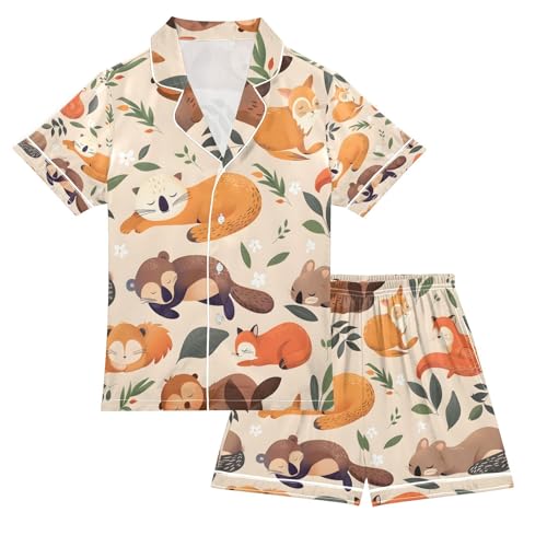 senya Wild Sleeping Animals Satin Summer Pajama Sets Silk Short Sleeve Button Down Sleepwear