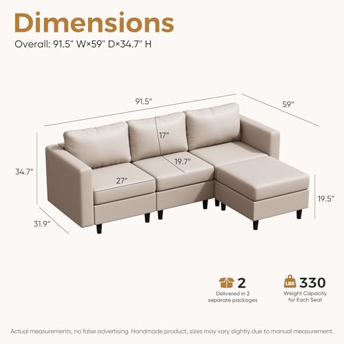 Image of ABCASA Faux Leather Modular Sectional Sofa, 91.5 inch L Shaped Couch Set for Living Room, 3-Seater Comfy Cloud Couches with Movable Storage Ottoman,DIY Combination - Whitesand