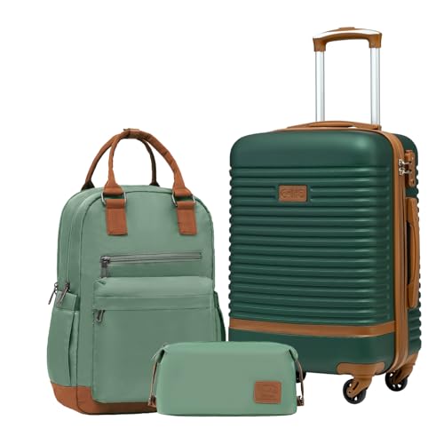 COOLIFE Koffer Trolley Koffer Reisekoffer von ABS Hartschalen Trolley 4 Rollen TSA-Schloss Der Koffer Enthält 1 Reiserucksack und 1 Kulturbeutel (Dunkelgrün/Braun, Handgepäck-Set 3tlg)