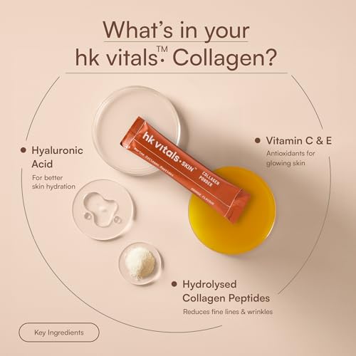 Image of hk vitals Skin Radiance Marine Collagen Supplement, Orange, 7 Sachets (8g Each) | Travel Pack | Vitamin C, E, Sodium Hyaluronate for Healthy Skin, Hair & Nails