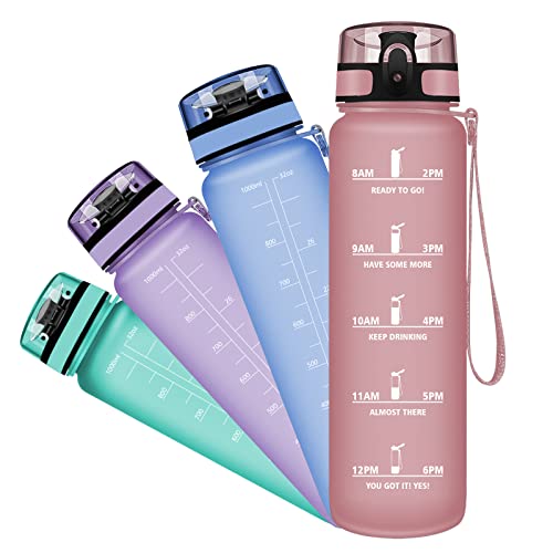 Grsta Botella Agua - Botella de Agua Deportes 1L Botella Deportiva Tritan de Plástico Sin BPA con Filtro & Marcador de Tiempo para Niños y Adultos, Hogar y Exterior