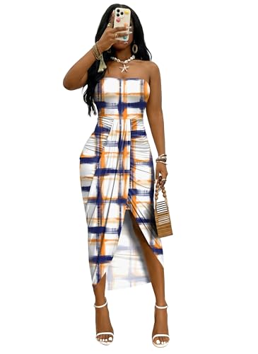 Image of Umenlele Women's Strapless Ruched High Waist Wrap Split Asymmetrical Beach Maxi Long Dress