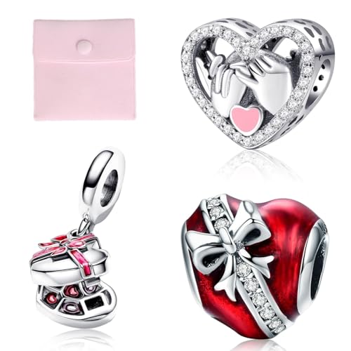 4 Pcs Valentines Bow Charm, 925 Sterling Silver Lover Bead Charm, Love Heart Red Enamel Dangle with Charm Pouch, Jewellery Love Gift for Lover, Girlfriend, Wife, Women