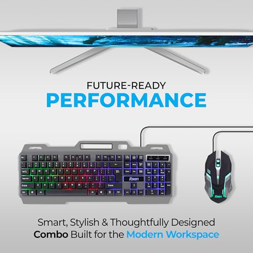 Image of FOXIN Thunder Gaming Keyboard and Mouse Combo | Rainbow Backlit Membrane Keyboard (104 Keys) with Phone Holder | 3600 DPI | 6 Button Mouse | Metal Body | Wired Gaming Combo for PC & Laptop