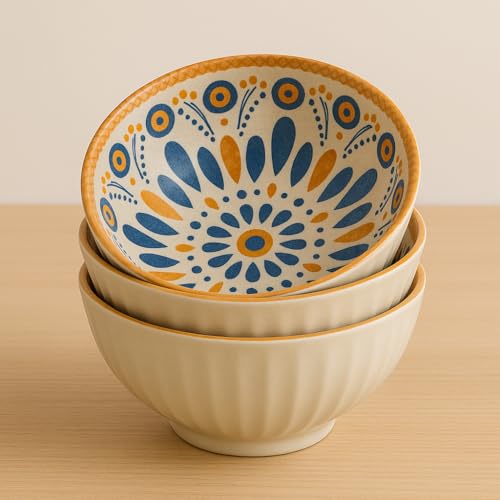 Image of 6-Piece Bohemian Ceramic Dinnerware Set | Porcelain Dinner Plates and Bowls | Microwave & Dishwasher Safe, Chip-Resistant Dining Set for Everyday Use and Gifting (Set of 6, Blue & Gold Mandala)