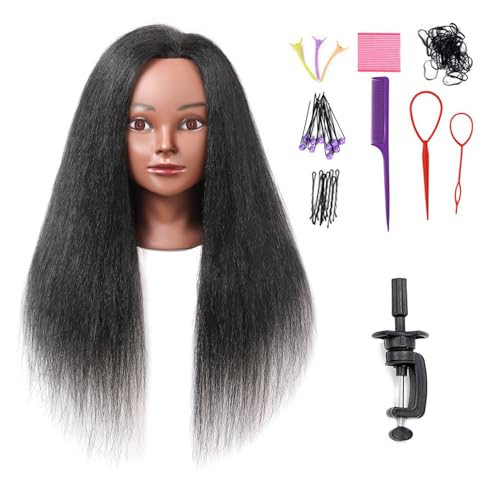 Mannequin Head with 100% Real Hair, 18" Cosmetology Mannequin Manikin Training Practice Doll Head for Hairdresser Braiding Hair Styling Hairdressing with Clamp Holder- Black
