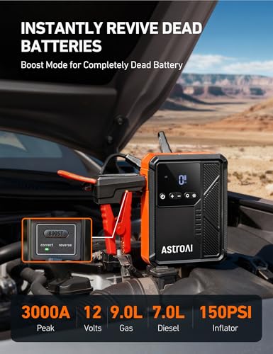 Image of AstroAI Beta822 3000A Jump Starter with Air Compressor, 150PSI Portable Tire Inflator with Auto-Shutoff, 12V Car Battery Booster (9.0 Gas /7.0L Diesel) with LED Light and Jumper Cables, Black