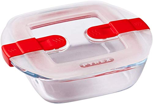 Pyrex Microwave Safe Classic Square Glass Dish with Vented Lid 0.35L Red (Pack of 2)