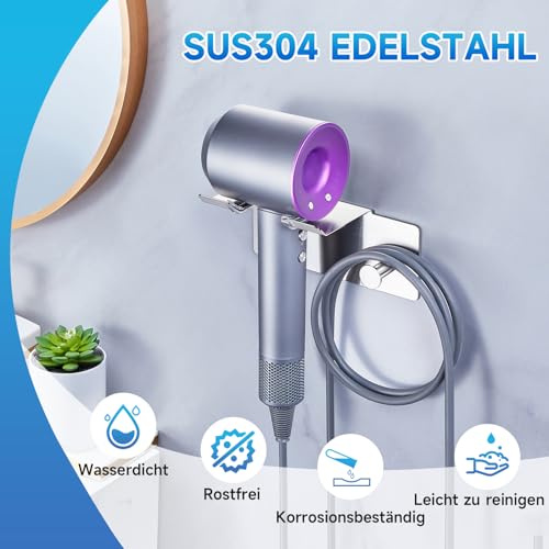 Föhnhalter Ohne Bohren, Fön Halterung, Fönhalter Wand Ohne Bohren Metall, Selbstklebend Haartrocknerhalter, Föhnhalter Wandhalterung, Fönhalterung für Bad Schlafzimmer Barbershop Hotel (Silber)