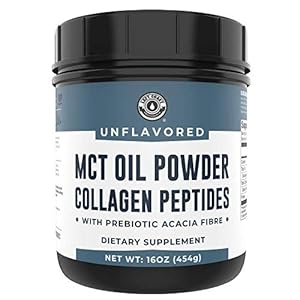 MCT Oil Powder + Keto Collagen Peptides + Acacia Fibre 16oz (Unflavored). 10g MCT, 5g Collagen. MCT Collagen for Coffee Creamer, Shakes, Smoothies, Ketogenic Low Carb Protein Powder