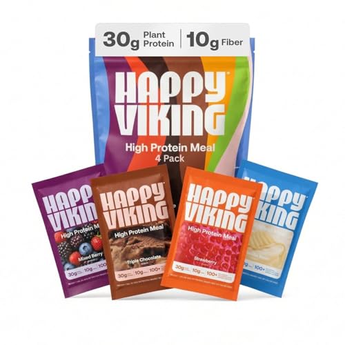 Happy Viking Variety Pack High Vegan Protein + Fiber Meal Powder Protein Packets to Go 30G Protein 10g Fiber Low Carb Keto Gluten-Free Non-GMO Complete Meal Replacement 4 Meals