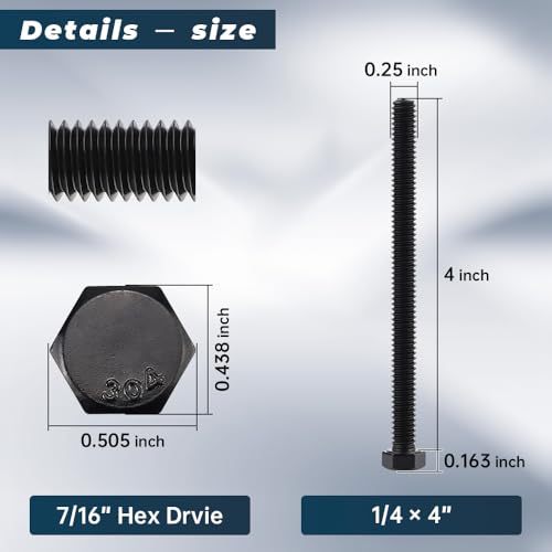 Image of Glvaner 1 /4-20 x 4 Stainless Steel Hex Head Screws Bolts, Black Coated, 304 Stainless Steel 18-8, Hexagon Head Bolts, Full Thread, 12 pcs