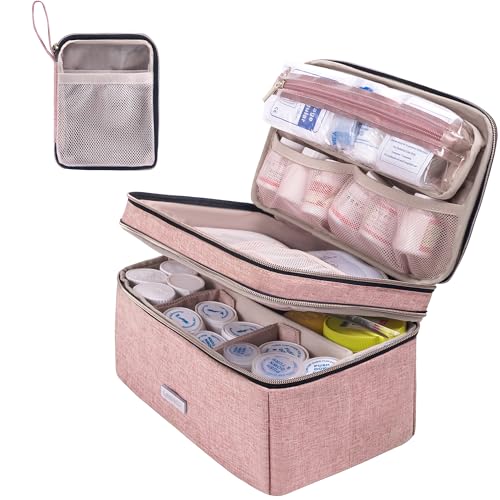 Image of Lexeeco Medicine Storage Bag Pill Bottle Organizer with Portable Small Pouch Travel Medication Bottle Organizer for Emergency Home First Aid Box Kit (Pink)